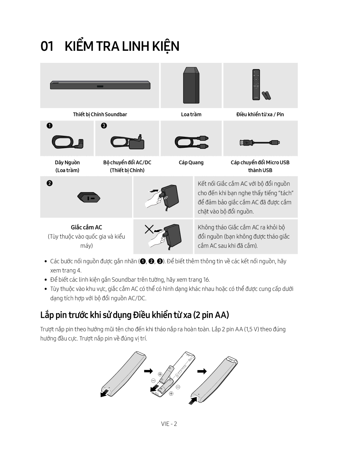 Samsung HW-M360/XV manual 01 Kiểm Tra Linh Kiện, Lắp pin trước khi sử dụng Điều khiển từ xa 2 pin AA 