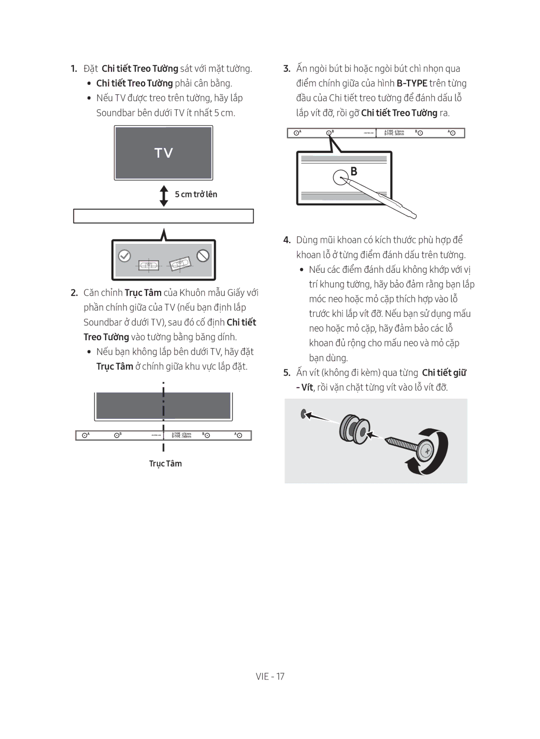 Samsung HW-M360/XV manual Chi tiết Treo Tường phả̉i cân bằ̀ng, Cm trở̉ lên, Trục Tâm 