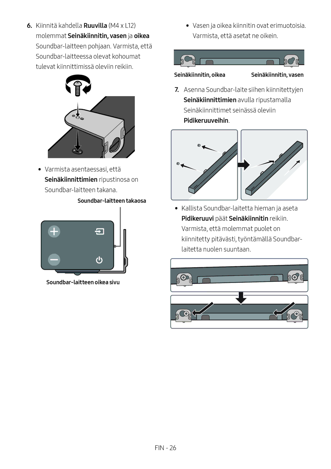 Samsung HW-M369/XE manual Soundbar-laitteen takaosa Soundbar-laitteen oikea sivu, Seinäkiinnitin, oikea 