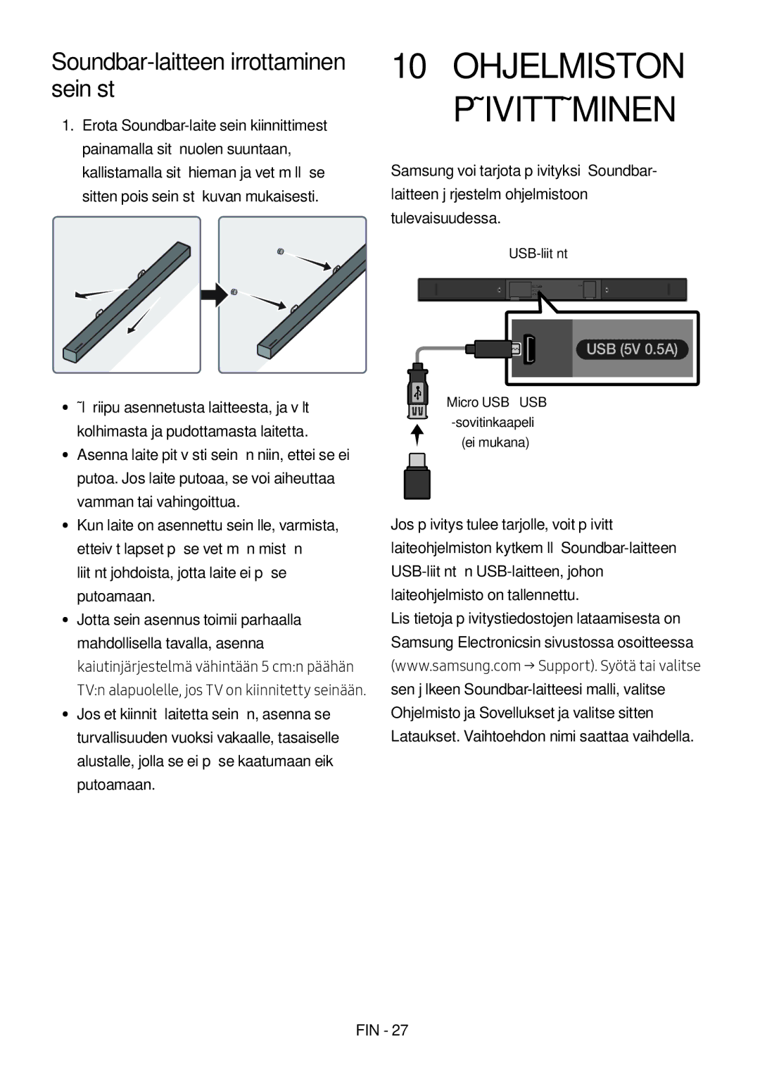 Samsung HW-M369/XE manual Ohjelmiston Päivittäminen, Soundbar-laitteen irrottaminen seinästä 