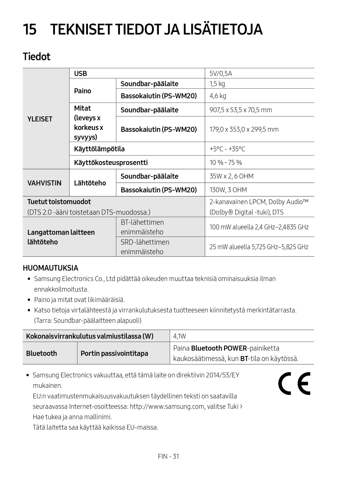 Samsung HW-M369/XE manual Tekniset Tiedot JA Lisätietoja 