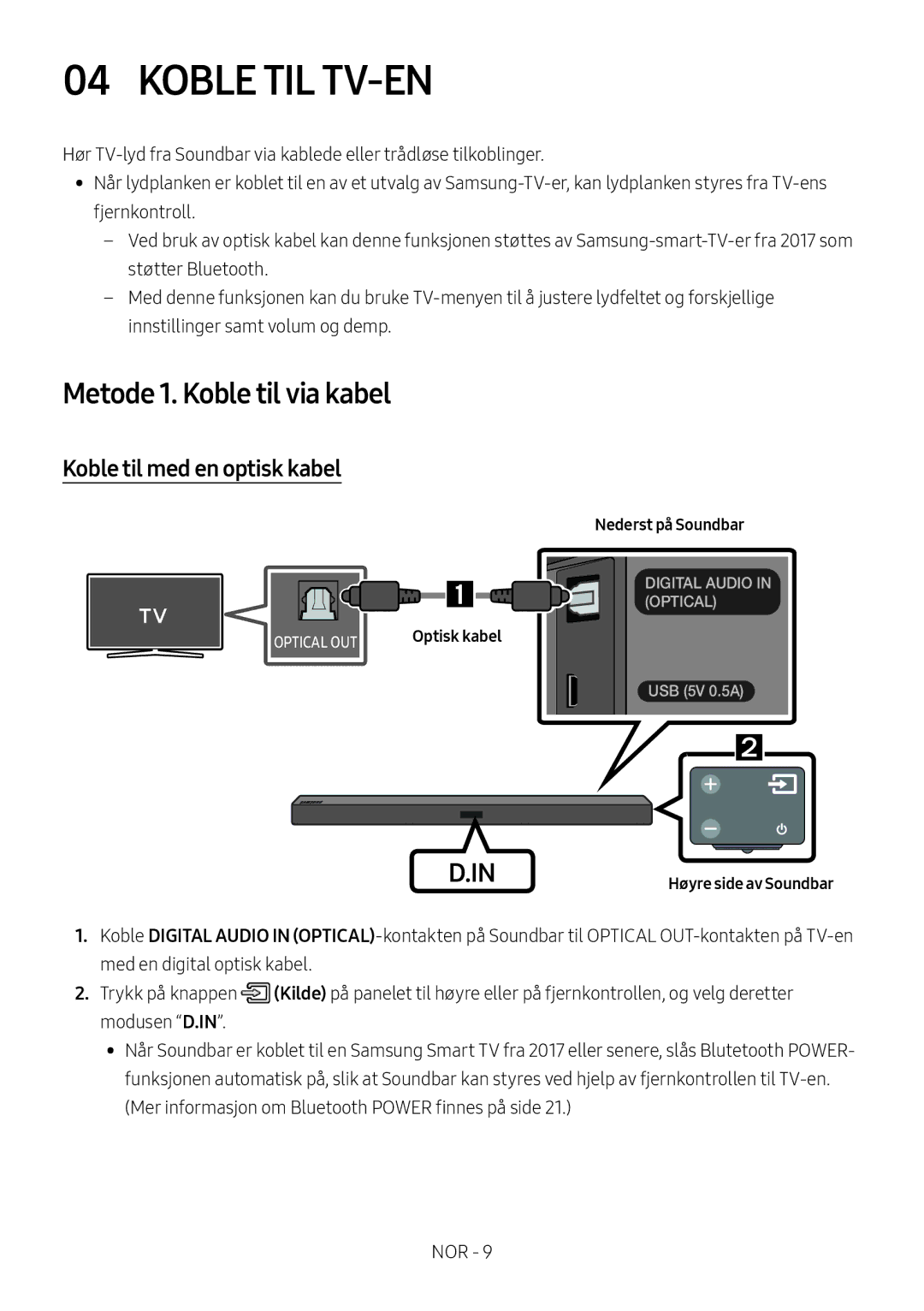 Samsung HW-M369/XE manual Koble TIL TV-EN, Metode 1. Koble til via kabel, Koble til med en optisk kabel 