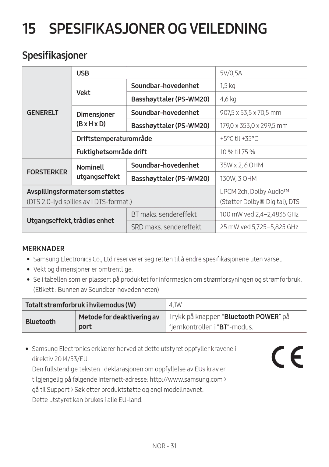 Samsung HW-M369/XE manual Spesifikasjoner OG Veiledning 