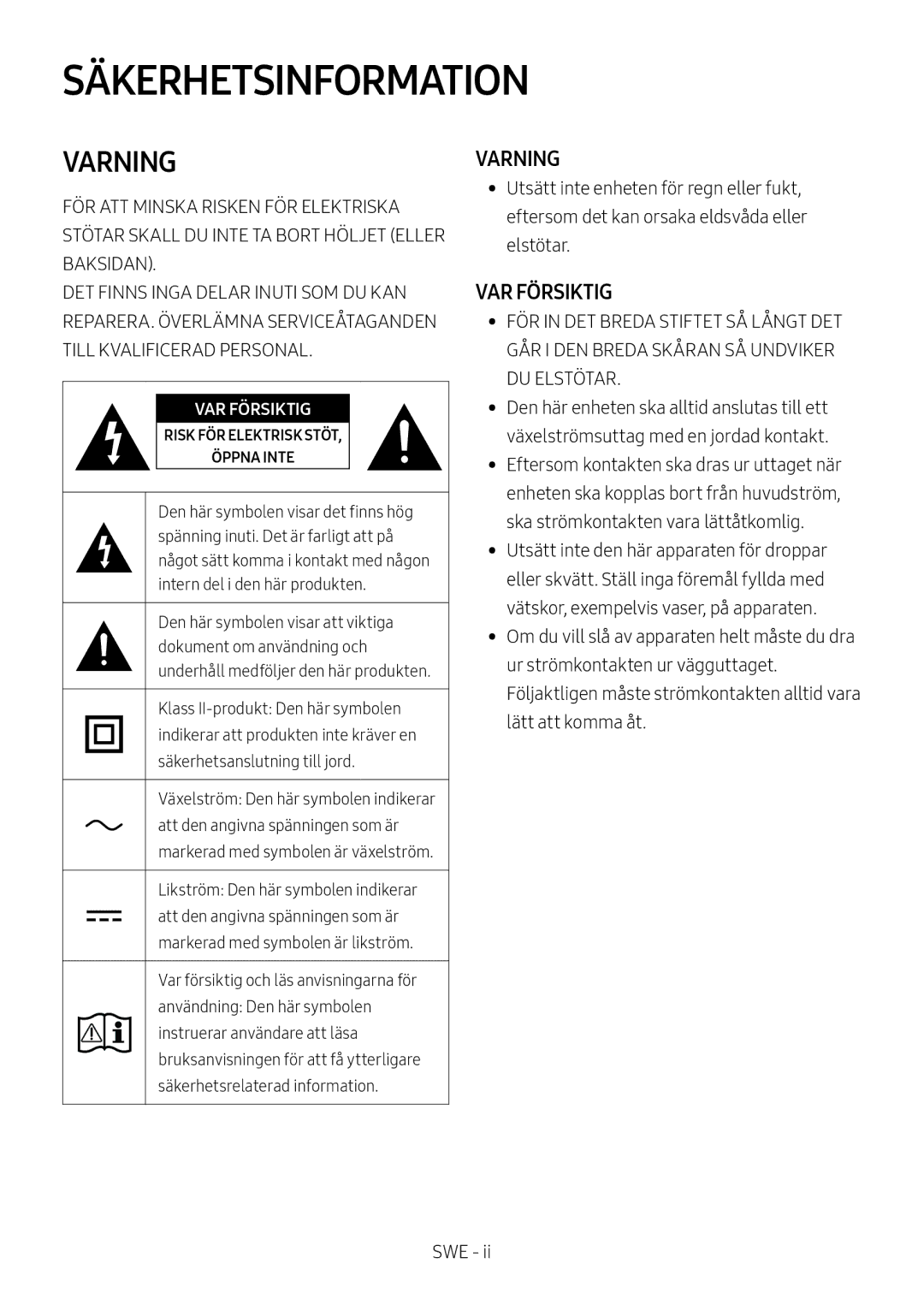 Samsung HW-M369/XE manual Säkerhetsinformation, Varning 