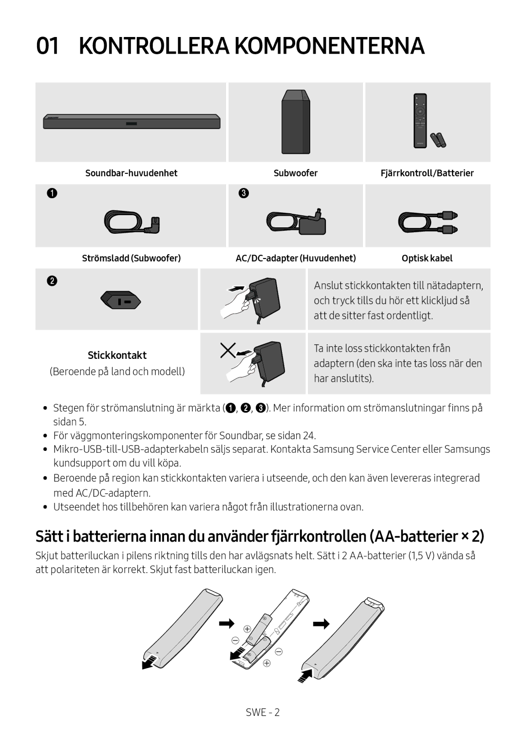 Samsung HW-M369/XE manual Kontrollera Komponenterna, Stickkontakt, Beroende på land och modell 