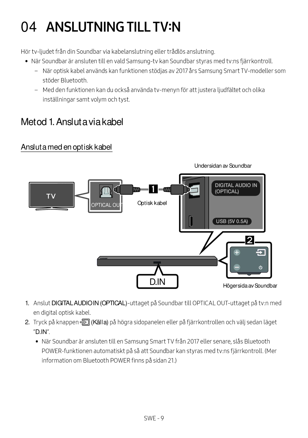 Samsung HW-M369/XE manual Anslutning Till TVN, Metod 1. Ansluta via kabel, Ansluta med en optisk kabel 