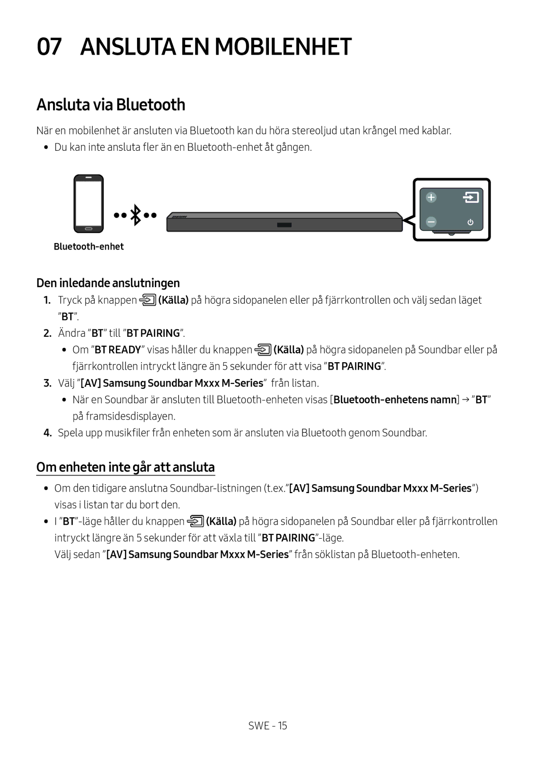 Samsung HW-M369/XE manual Ansluta EN Mobilenhet, Ansluta via Bluetooth, Om enheten inte går att ansluta 