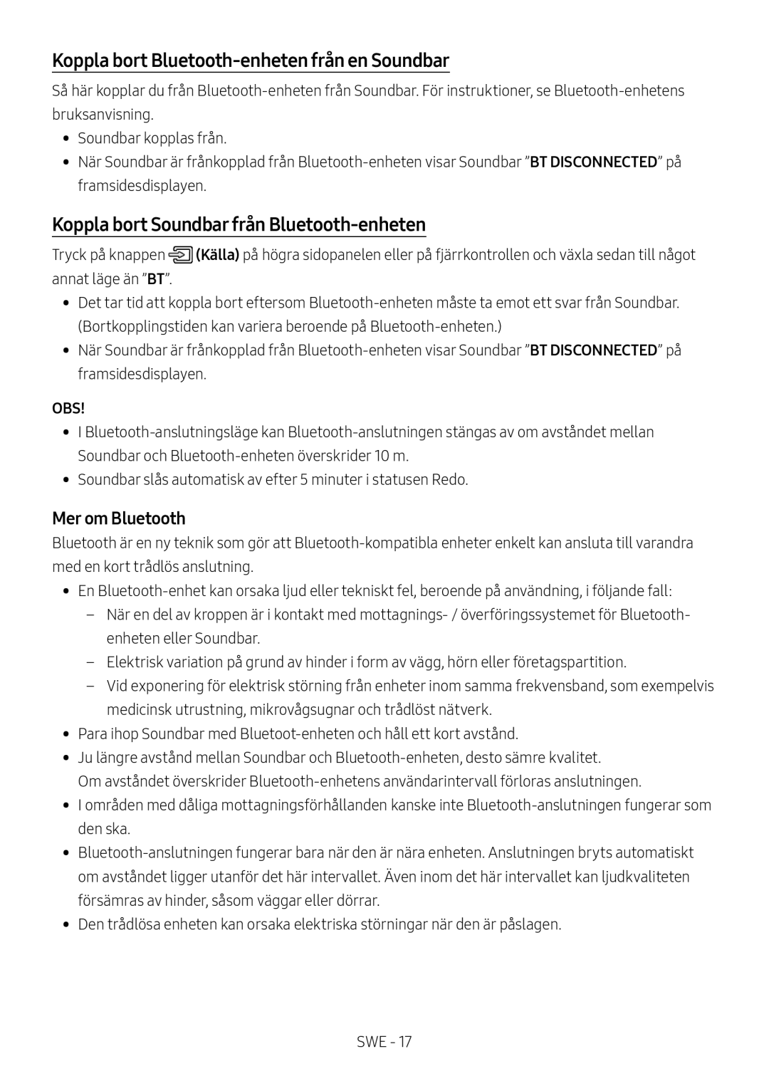 Samsung HW-M369/XE manual Koppla bort Bluetooth-enheten från en Soundbar, Koppla bort Soundbar från Bluetooth-enheten 