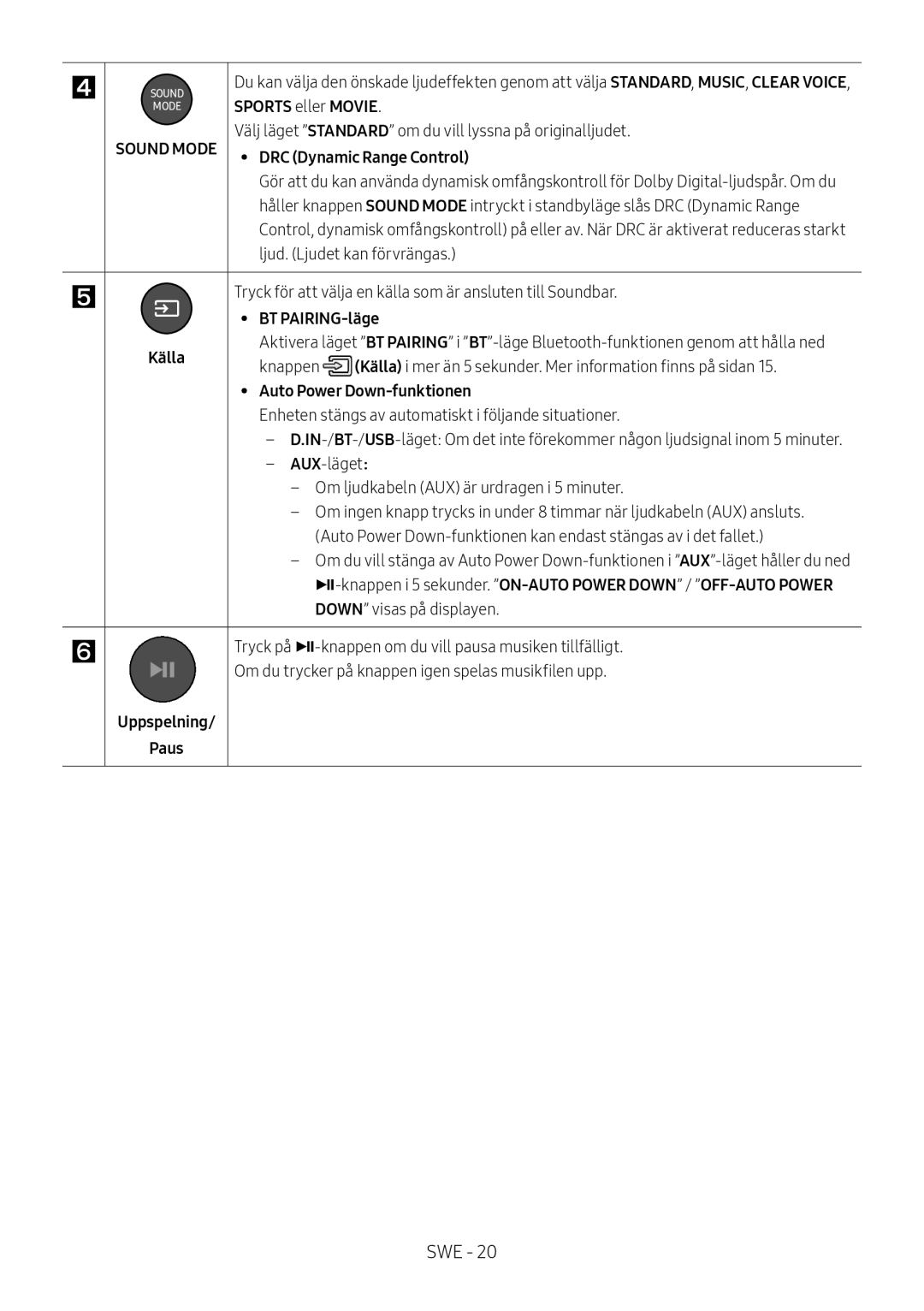 Samsung HW-M369/XE manual BT PAIRING-läge, Källa, Auto Power Down-funktionen, Uppspelning Paus 