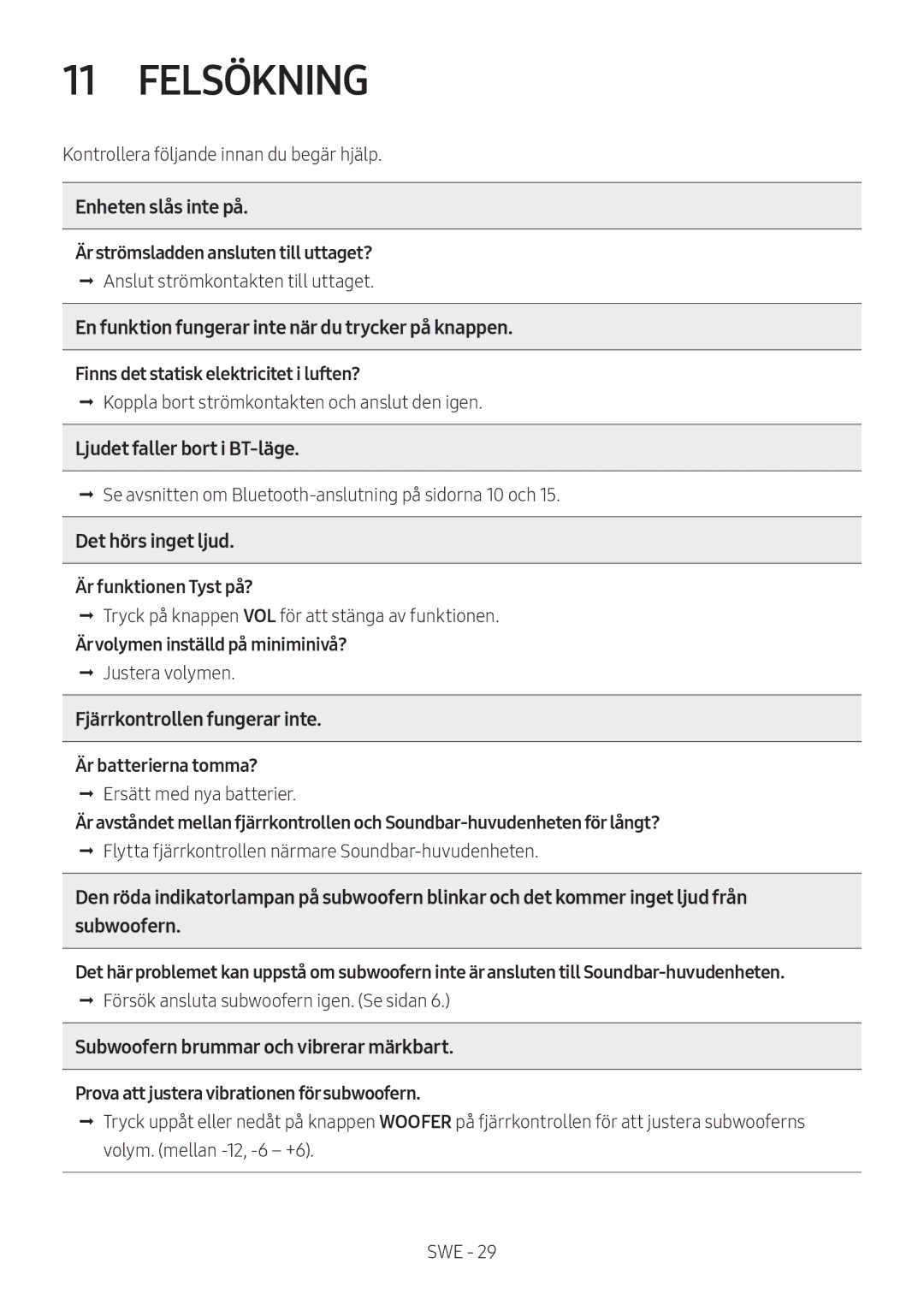 Samsung HW-M369/XE manual Felsökning 