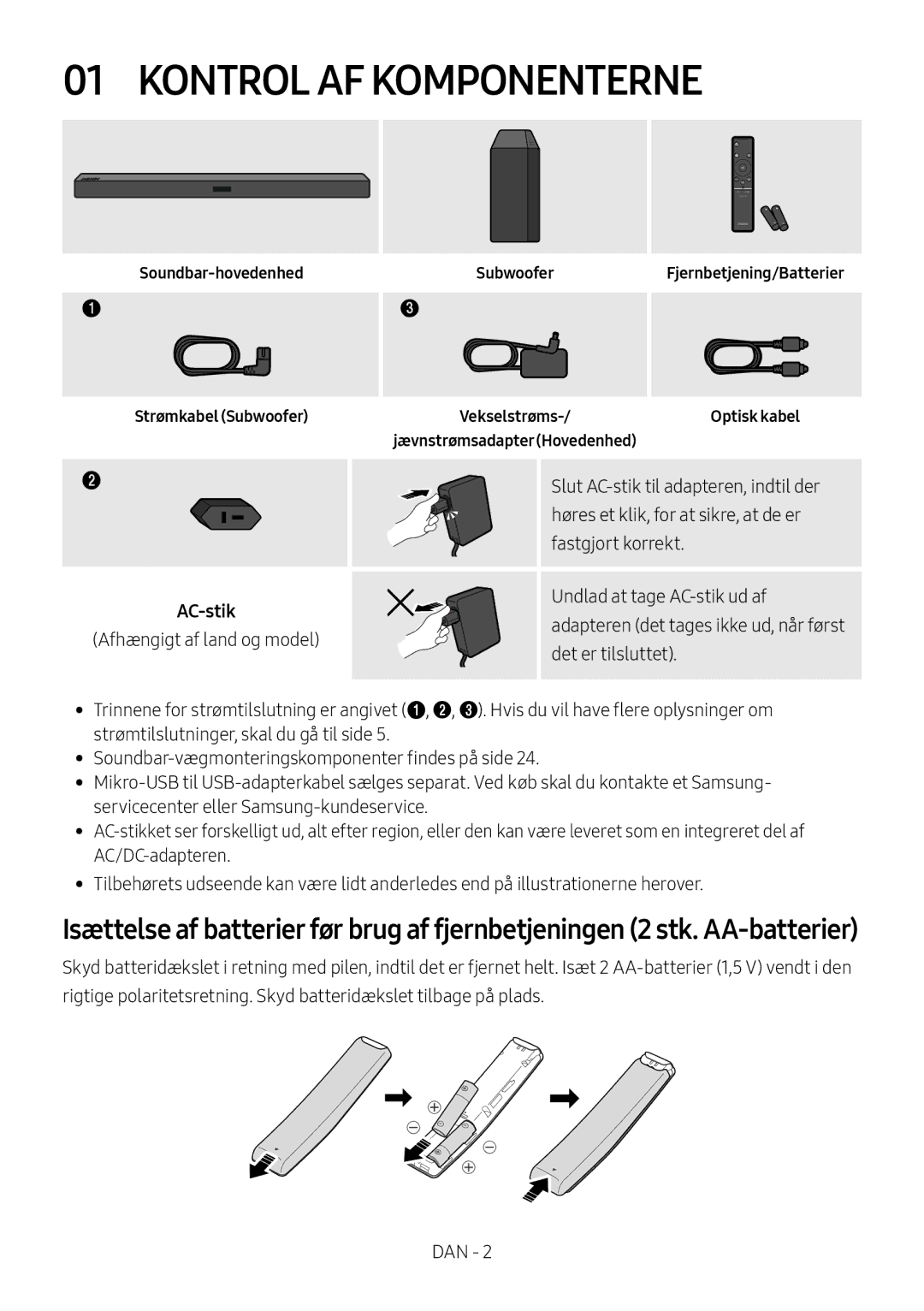 Samsung HW-M369/XE Kontrol AF Komponenterne, AC-stik, Adapteren det tages ikke ud, når først, Afhængigt af land og model 