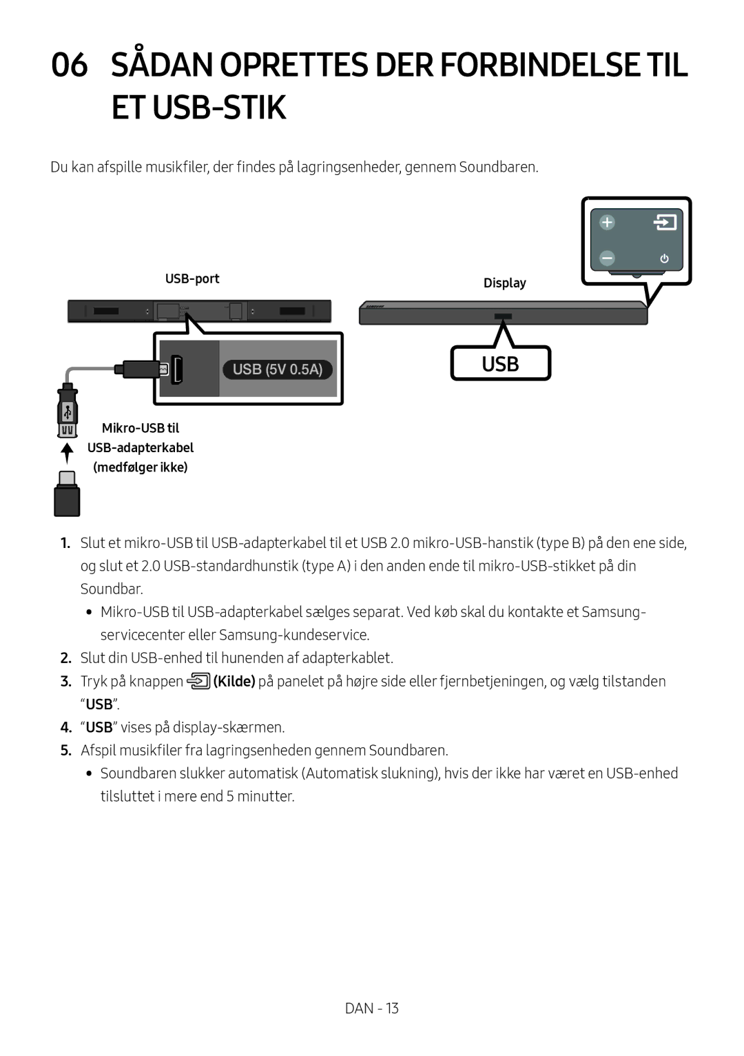 Samsung HW-M369/XE manual 06 Sådan Oprettes DER Forbindelse TIL ET USB-STIK, USB-port Display 