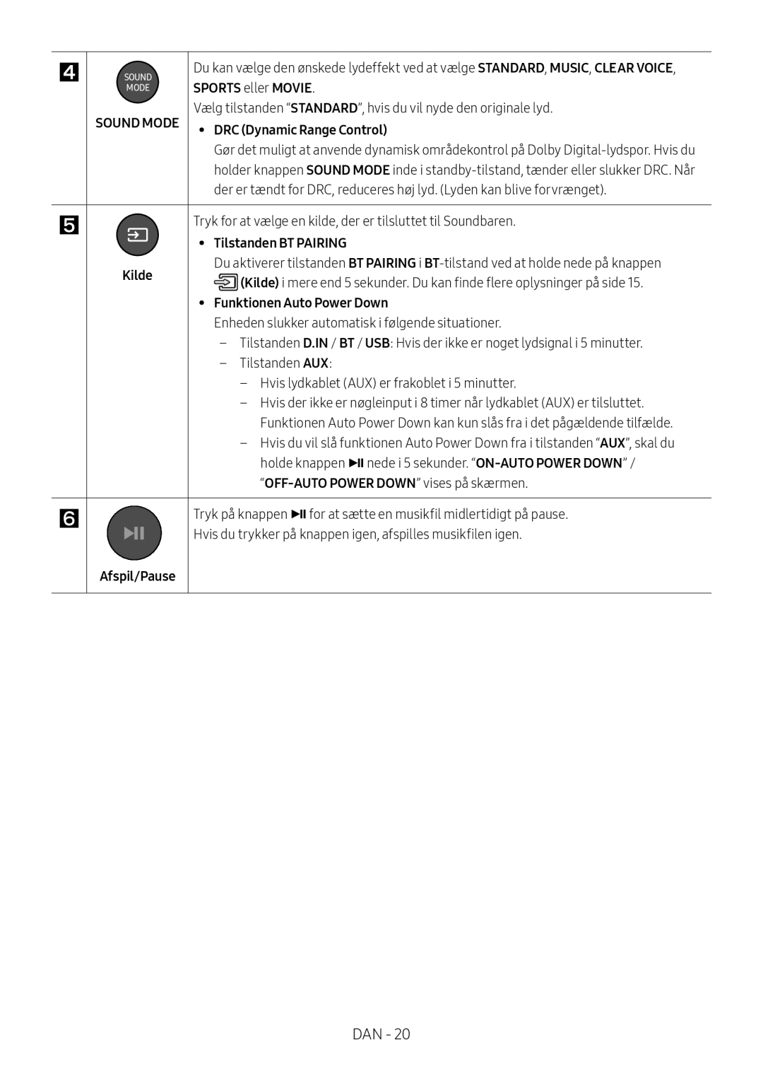 Samsung HW-M369/XE manual Sports eller Movie, Tilstanden BT Pairing, Kilde, Funktionen Auto Power Down, Afspil/Pause 