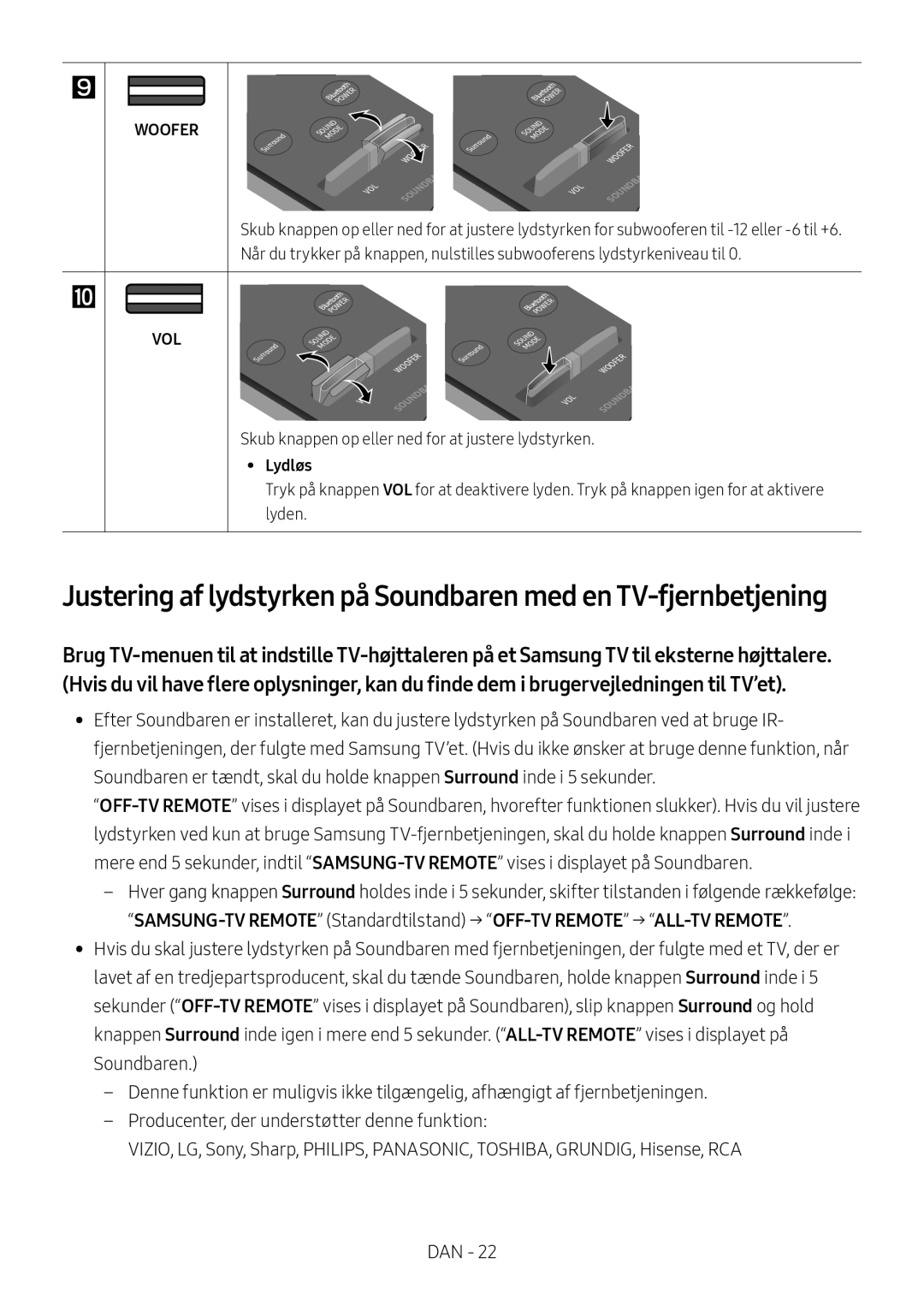 Samsung HW-M369/XE manual Skub knappen op eller ned for at justere lydstyrken, Lydløs 