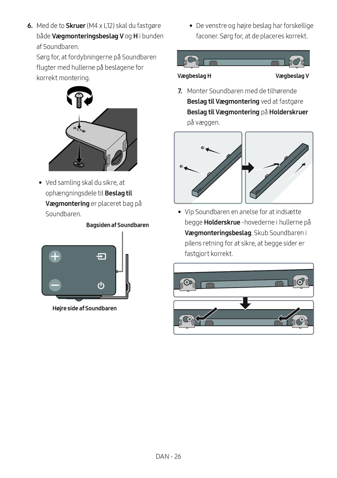 Samsung HW-M369/XE manual Bagsiden af Soundbaren Højre side af Soundbaren, Vægbeslag H 