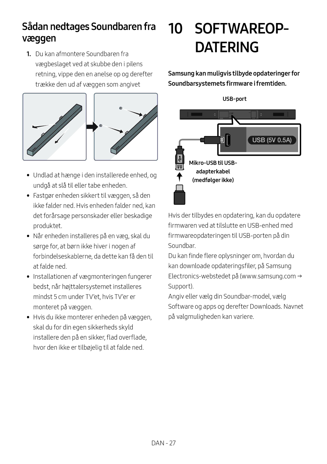 Samsung HW-M369/XE manual Sådan nedtages Soundbaren fra væggen, USB-port, Mikro-USB til USB Adapterkabel Medfølger ikke 