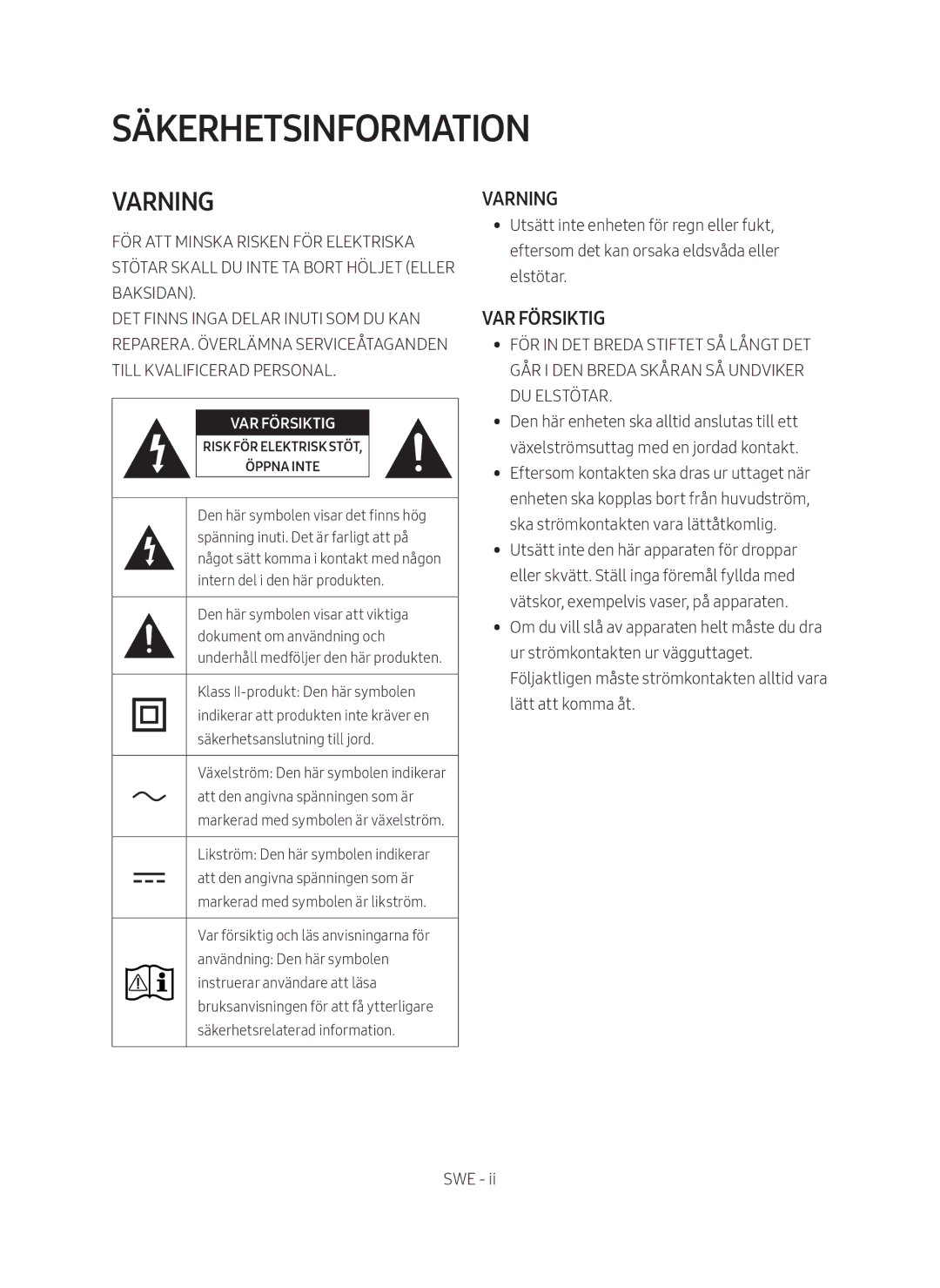 Samsung HW-M369/XE manual Säkerhetsinformation, Varning 