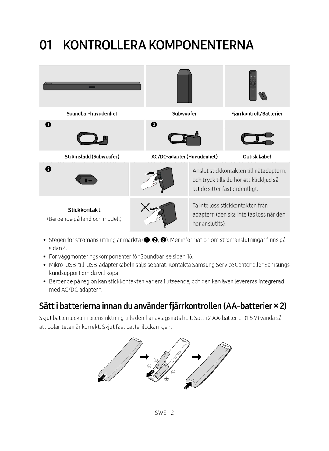 Samsung HW-M369/XE manual Kontrollera komponenterna, Stickkontakt 