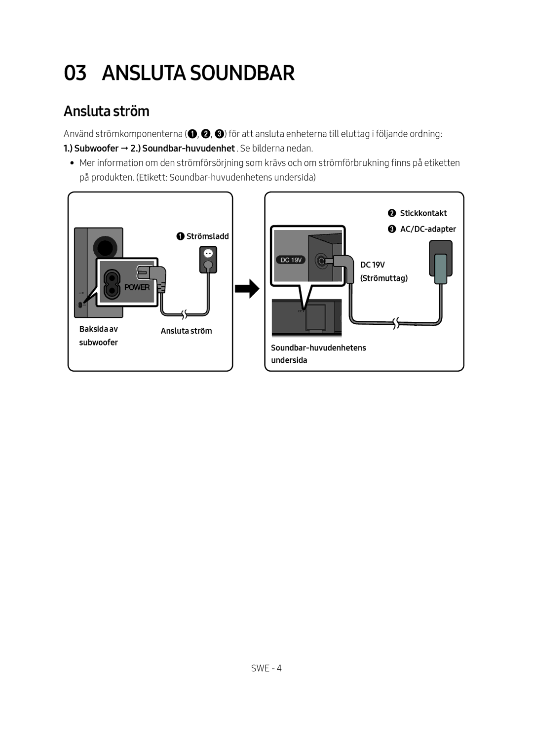 Samsung HW-M369/XE manual Ansluta Soundbar, Ansluta ström, Subwoofer 2. Soundbar-huvudenhet . Se bilderna nedan 