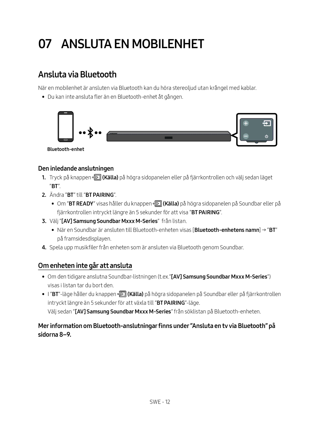 Samsung HW-M369/XE manual Ansluta en mobilenhet, Ansluta via Bluetooth, Om enheten inte går att ansluta 