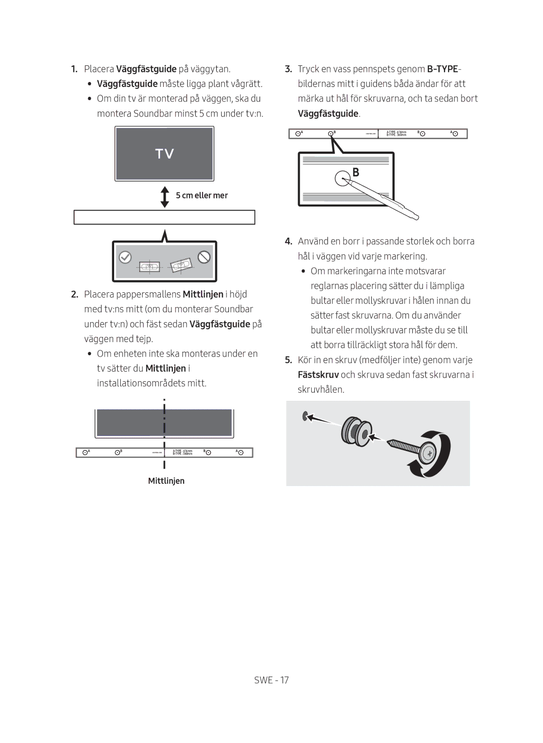 Samsung HW-M369/XE manual Väggfästguide, Mittlinjen 