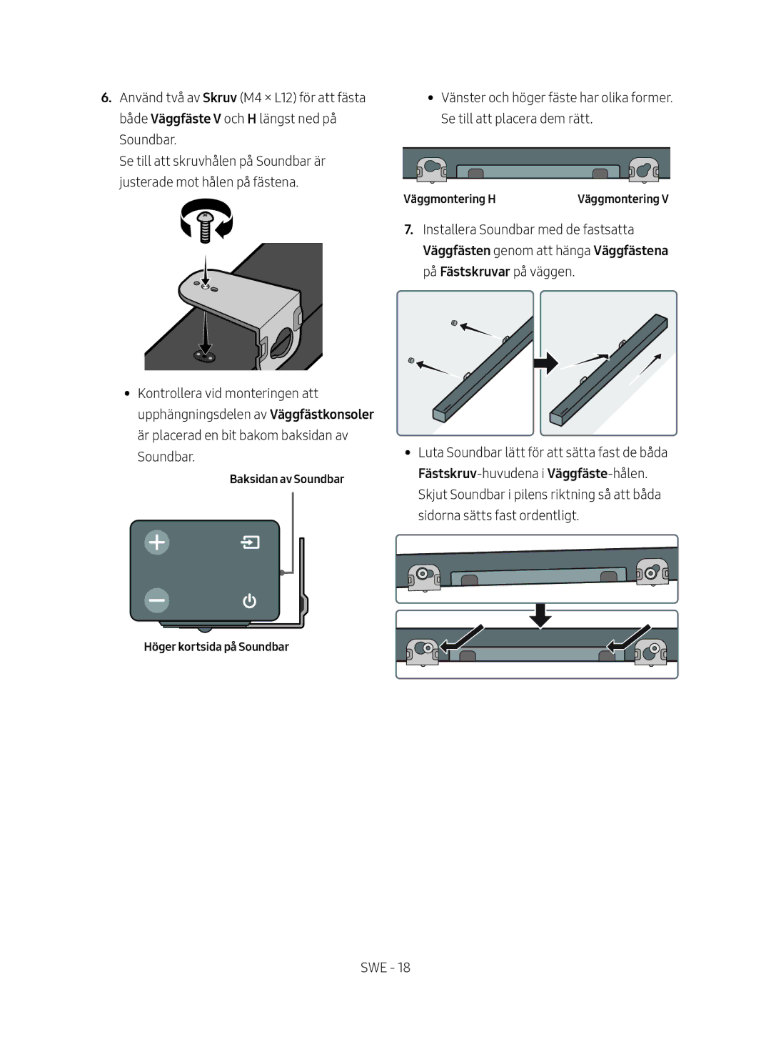 Samsung HW-M369/XE manual Baksidan av Soundbar Höger kortsida på Soundbar, Väggmontering H 