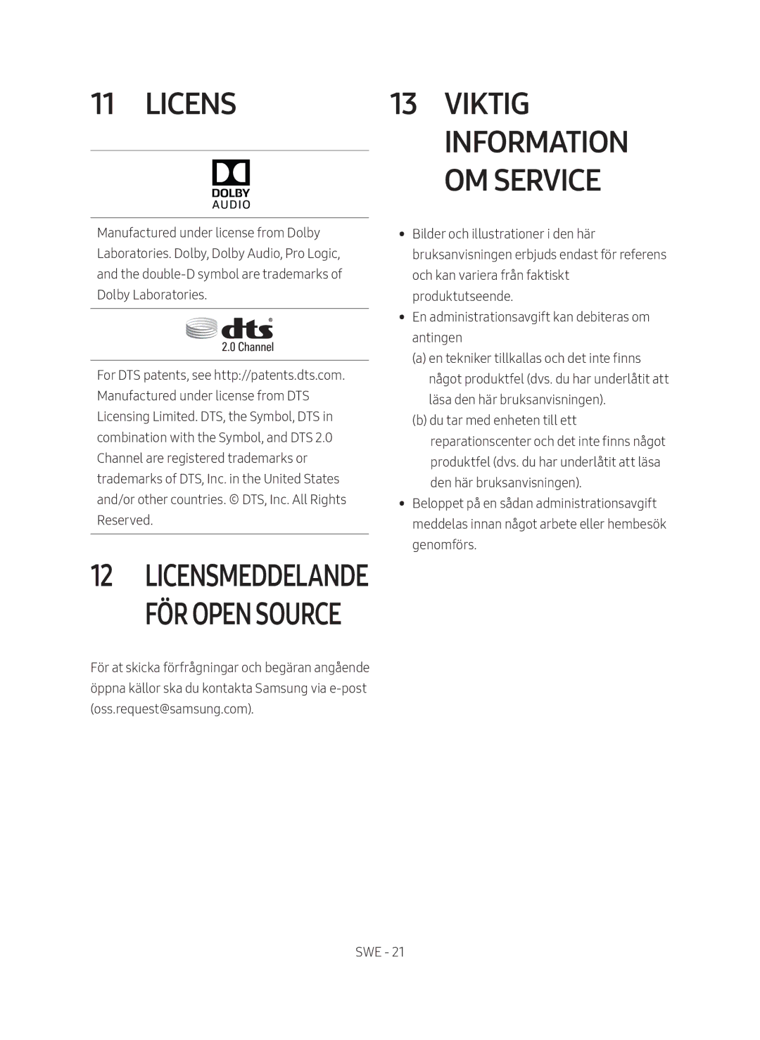 Samsung HW-M369/XE manual Licens Viktig Information Om service, Licensmeddelande för open source 