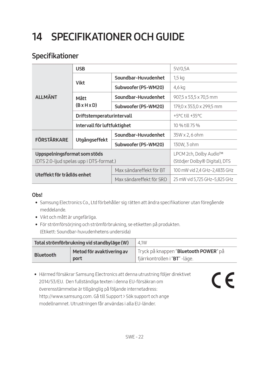 Samsung HW-M369/XE manual Specifikationer och guide, Obs 