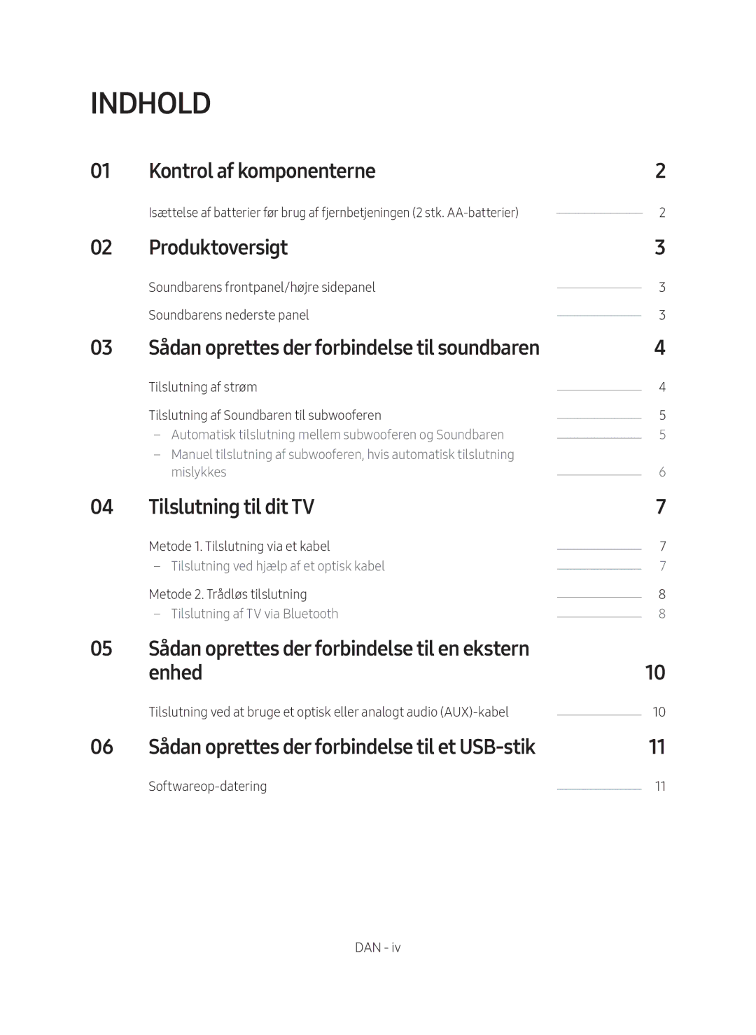 Samsung HW-M369/XE manual Indhold, Kontrol af komponenterne, Produktoversigt, Tilslutning til dit TV, Enhed 