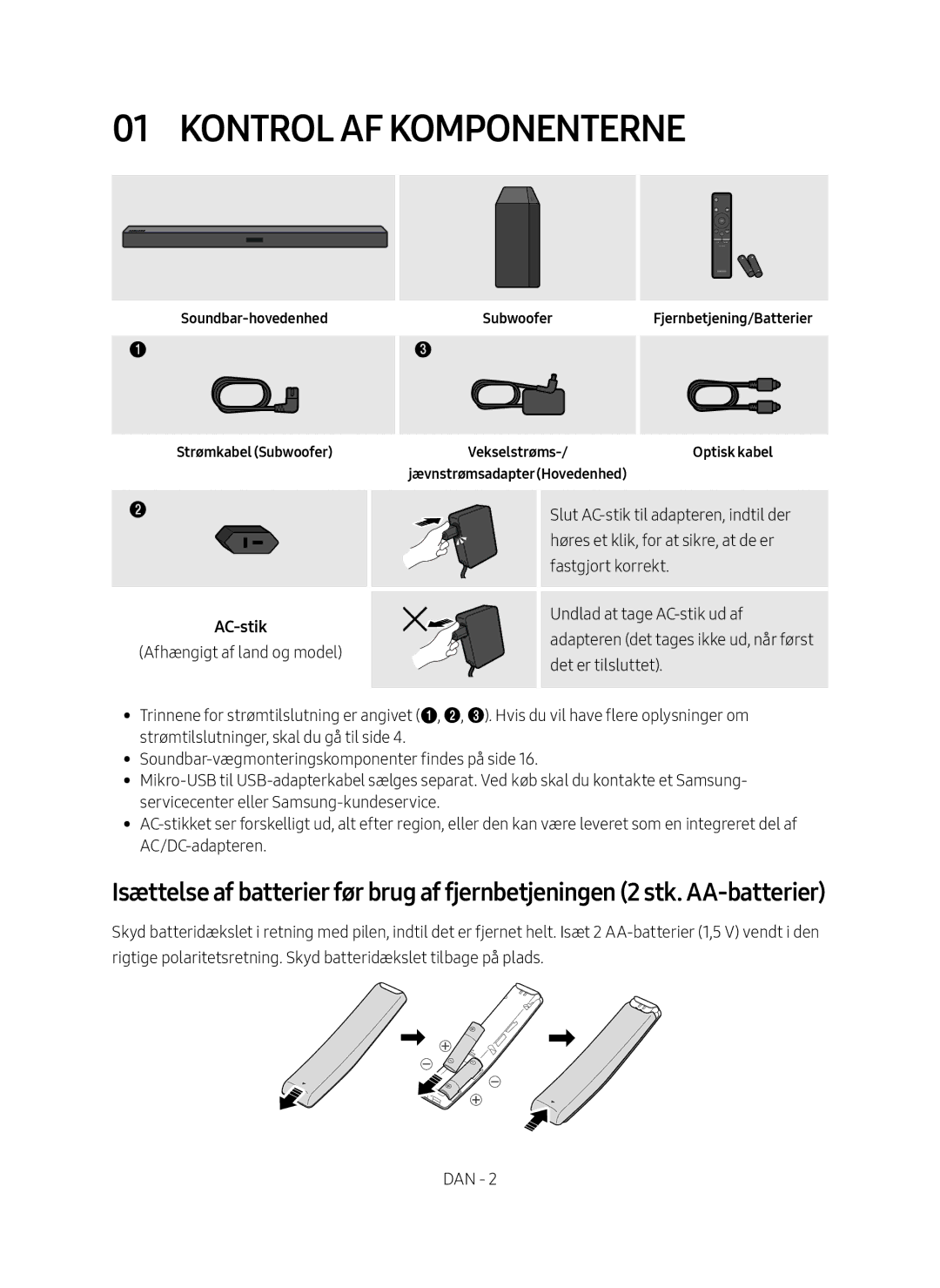 Samsung HW-M369/XE manual Kontrol af komponenterne, AC-stik 