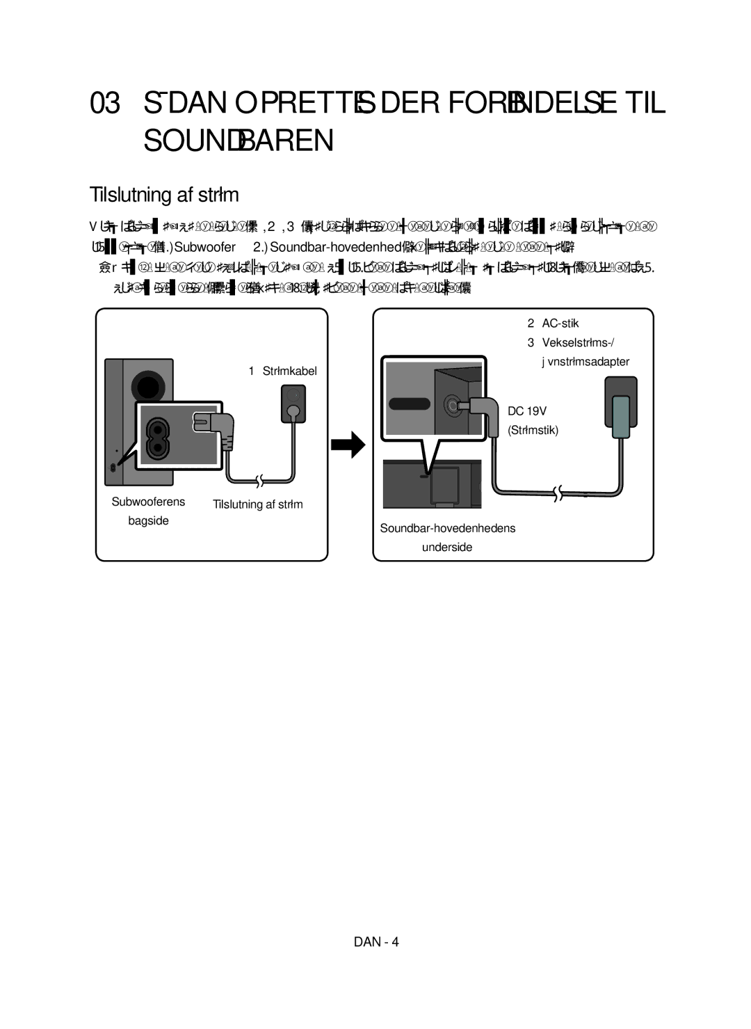 Samsung HW-M369/XE manual 03 Sådan oprettes der forbindelse til soundbaren, Tilslutning af strøm 