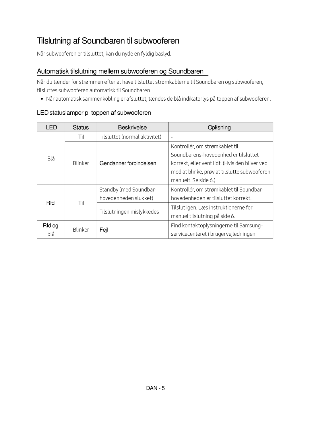 Samsung HW-M369/XE Tilslutning af Soundbaren til subwooferen, Automatisk tilslutning mellem subwooferen og Soundbaren 