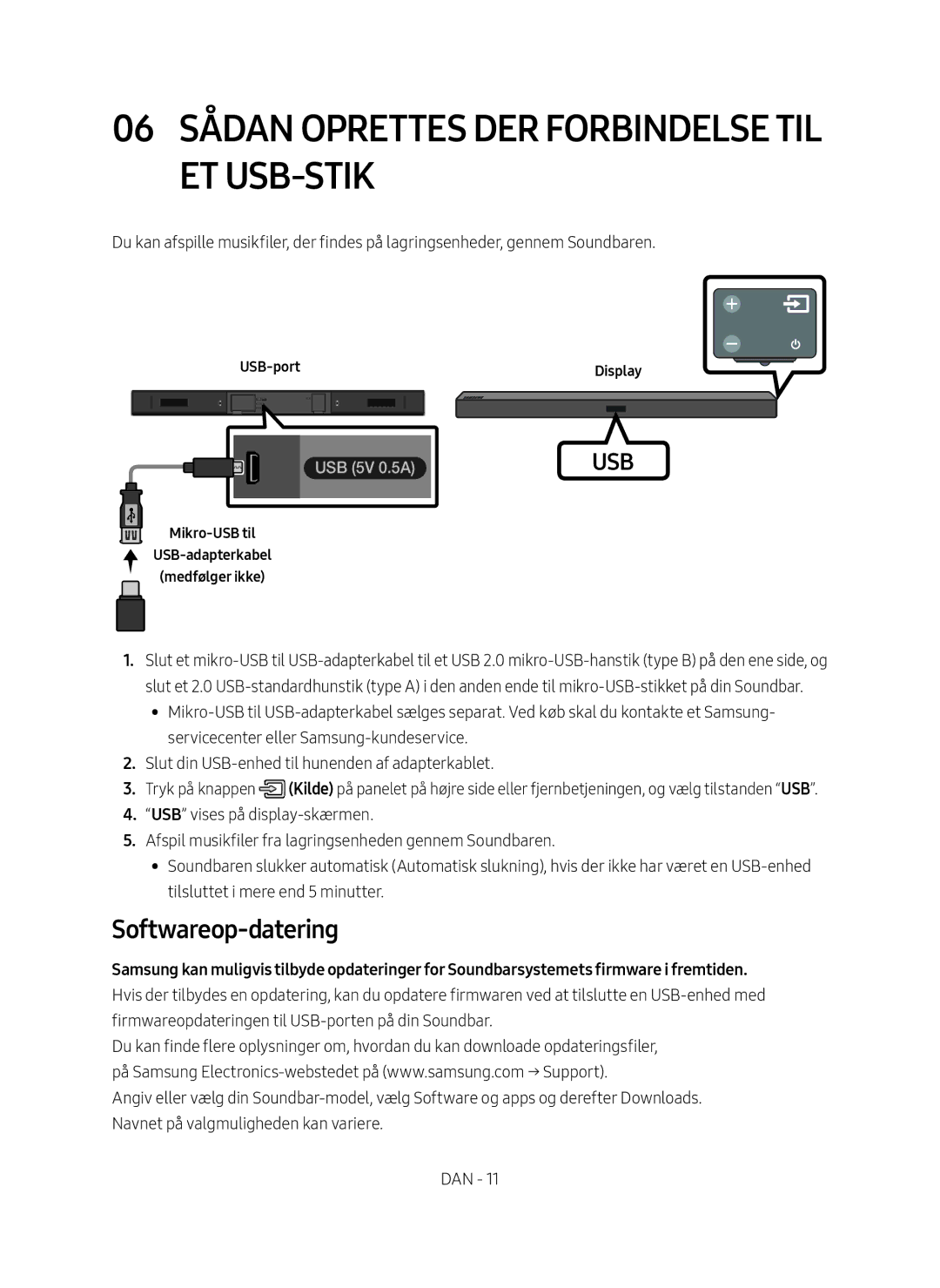 Samsung HW-M369/XE manual 06 Sådan oprettes der forbindelse til et USB-stik, Softwareop-datering, USB-port Display 