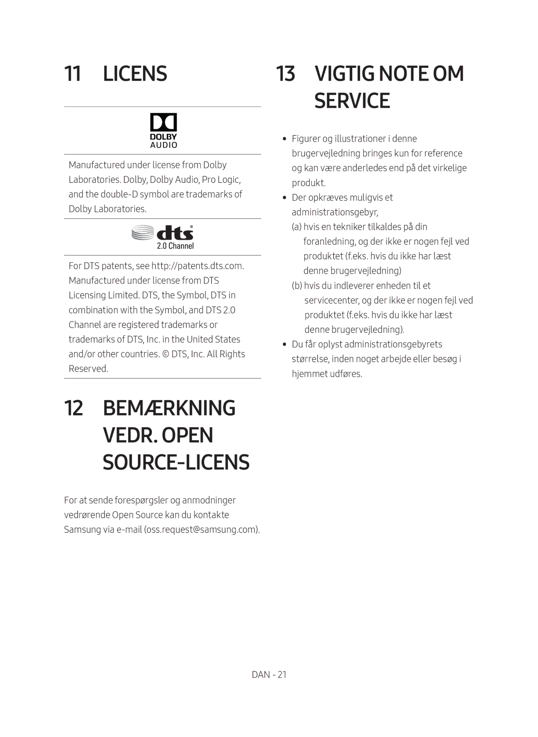 Samsung HW-M369/XE manual Licens Vigtig note om Service, 12 Bemærkning vedr. Open Source-licens 