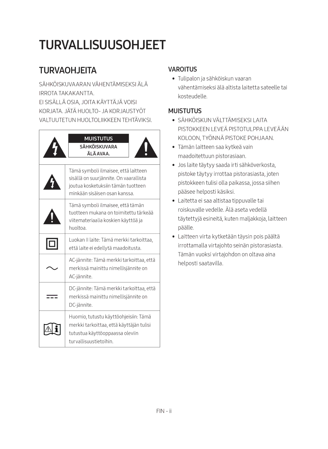 Samsung HW-M369/XE manual Turvallisuusohjeet, Turvaohjeita 