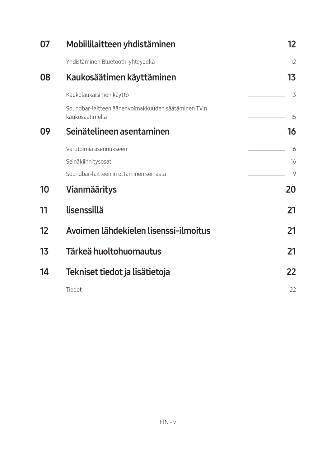 Samsung HW-M369/XE manual Mobiililaitteen yhdistäminen, Kaukosäätimen käyttäminen, Seinätelineen asentaminen, Tiedot 