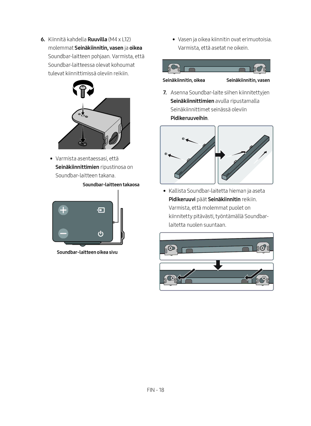 Samsung HW-M369/XE manual Soundbar-laitteen takaosa Soundbar-laitteen oikea sivu, Seinäkiinnitin, oikea 