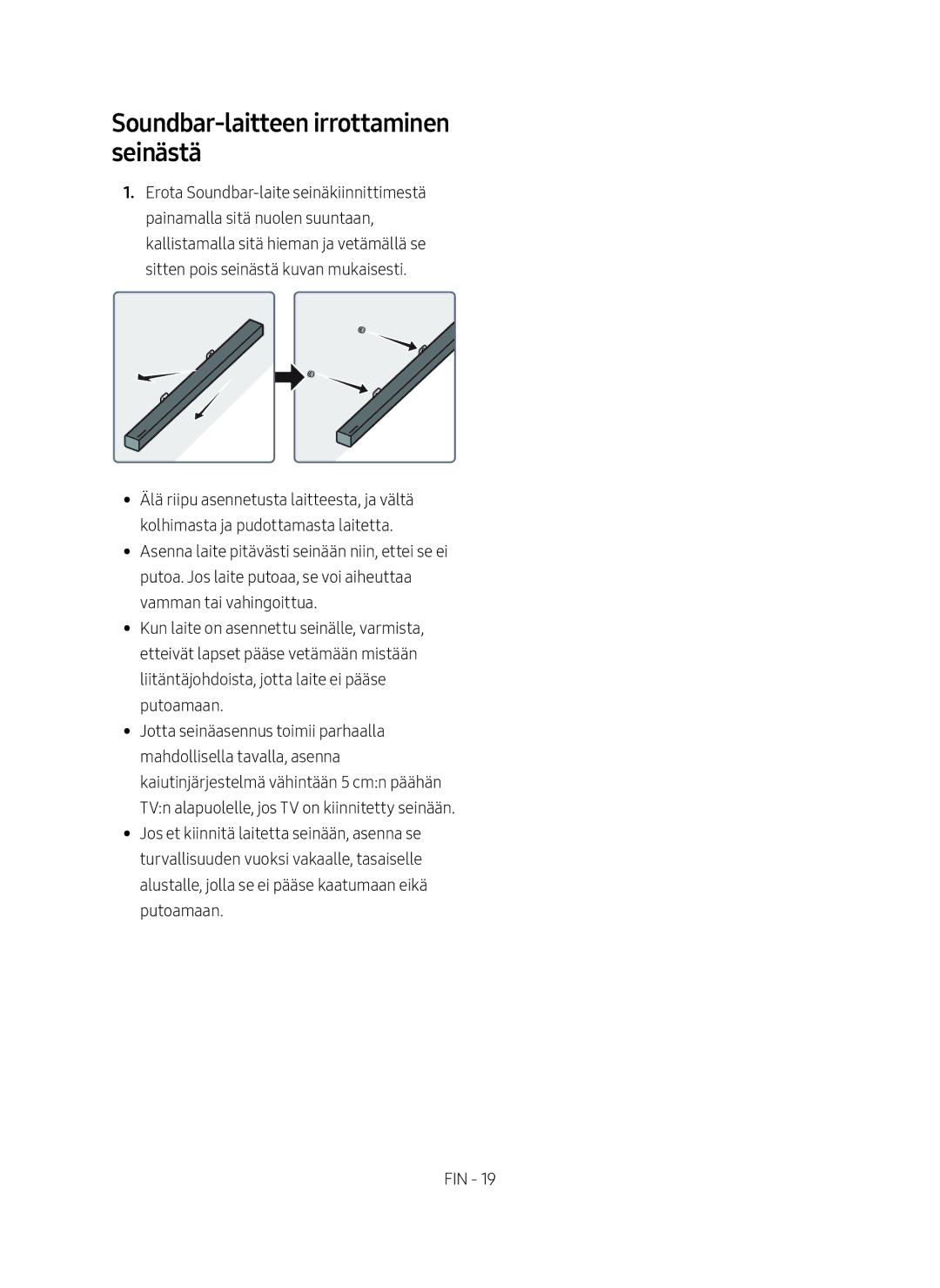 Samsung HW-M369/XE manual Soundbar-laitteen irrottaminen seinästä 