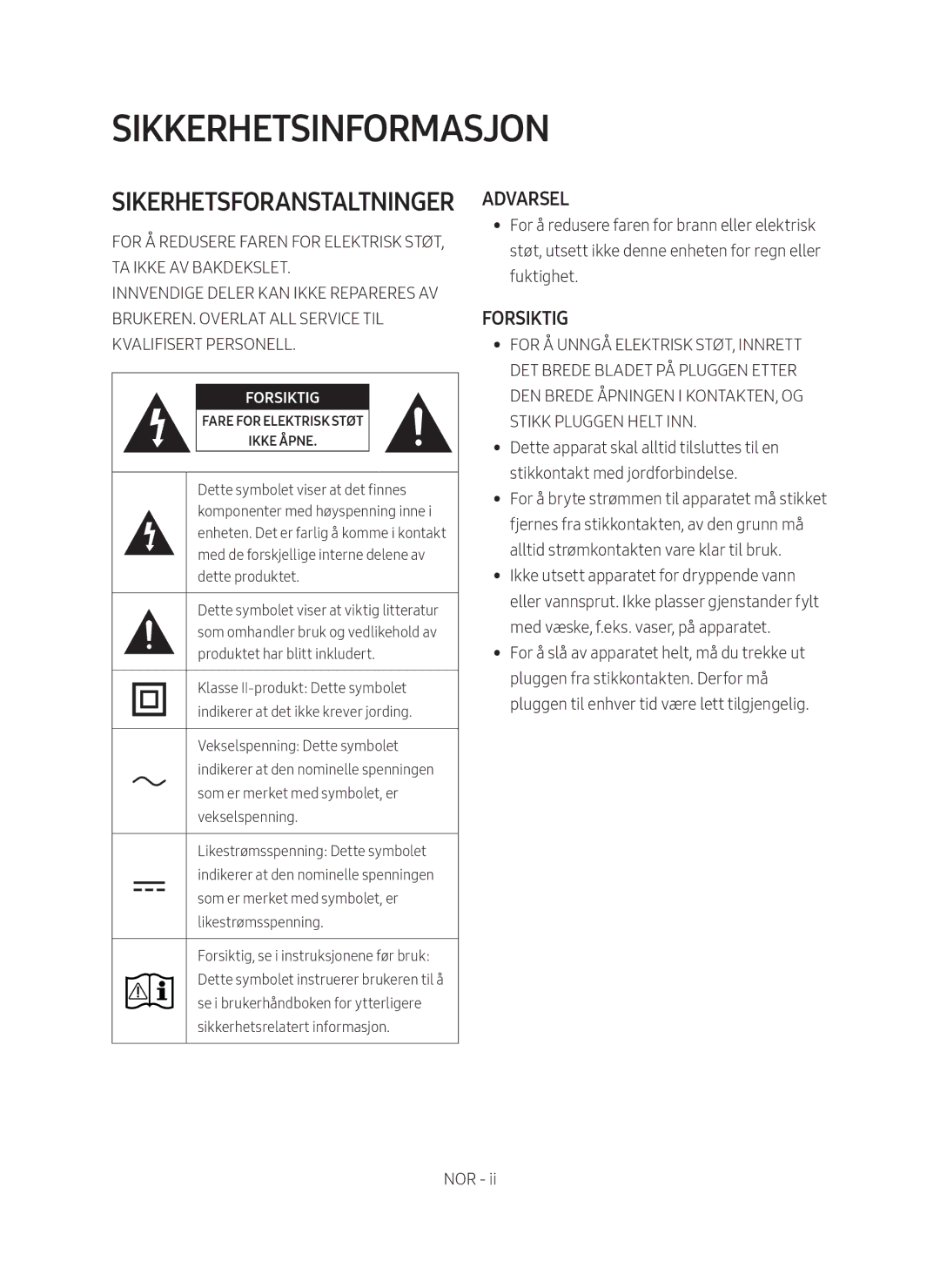 Samsung HW-M369/XE manual Sikkerhetsinformasjon, Sikerhetsforanstaltninger 