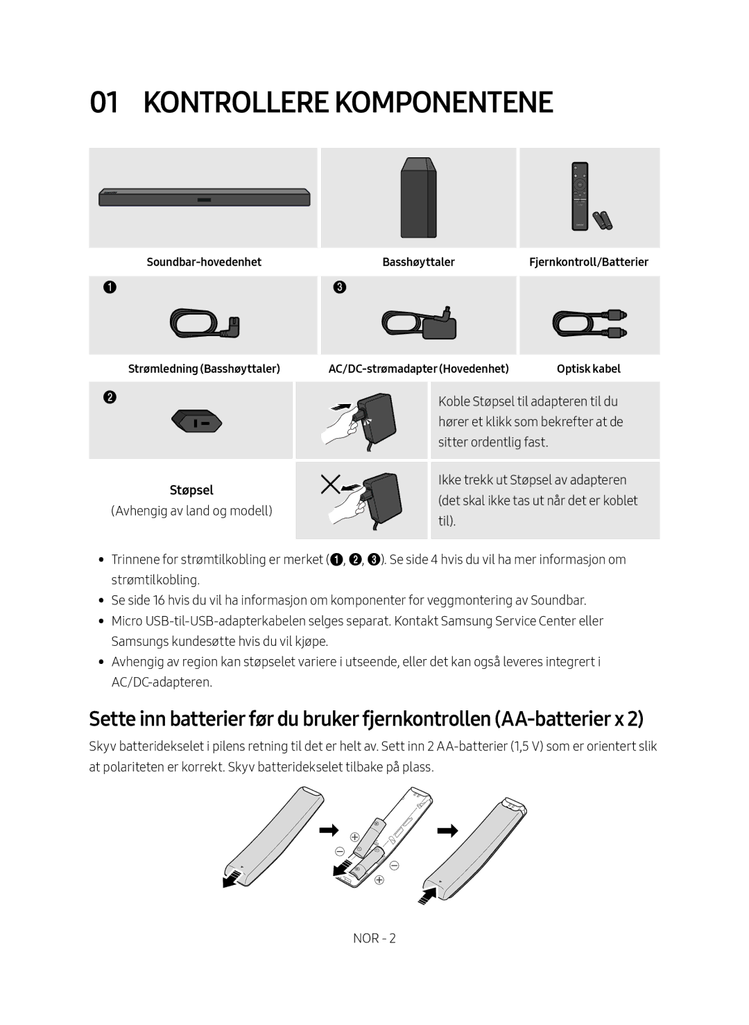 Samsung HW-M369/XE manual Kontrollere komponentene, Støpsel 