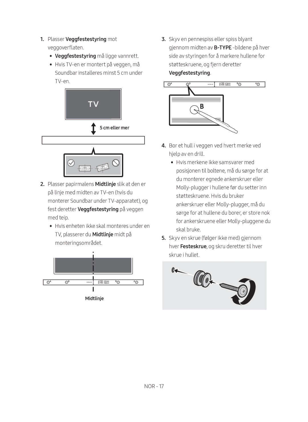 Samsung HW-M369/XE manual Plasser Veggfestestyring mot veggoverflaten, Cm eller mer, Midtlinje 