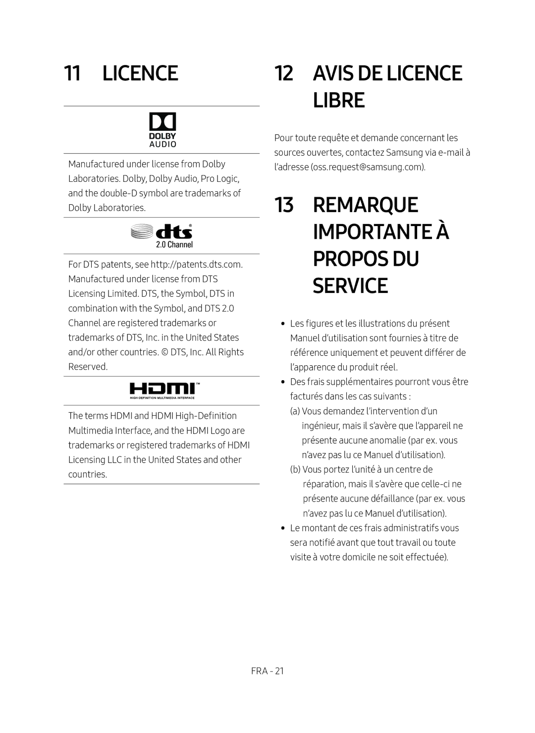 Samsung HW-M4500/EN manual Avis de Licence Libre, Remarque Importante à Propos du Service 