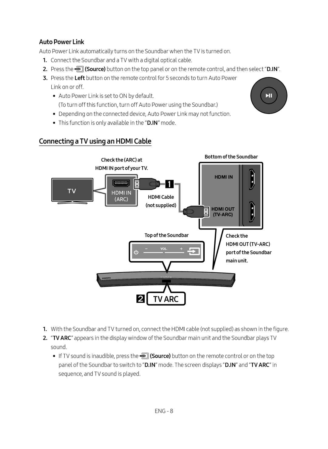 Samsung HW-M4500/EN manual Connecting a TV using an Hdmi Cable, Auto Power Link, Check the ARC at Hdmi in port of your TV 