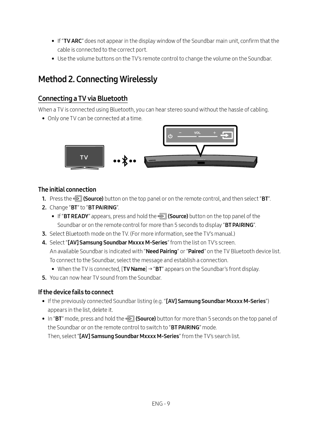 Samsung HW-M4500/EN manual Method 2. Connecting Wirelessly, Connecting a TV via Bluetooth, Initial connection 