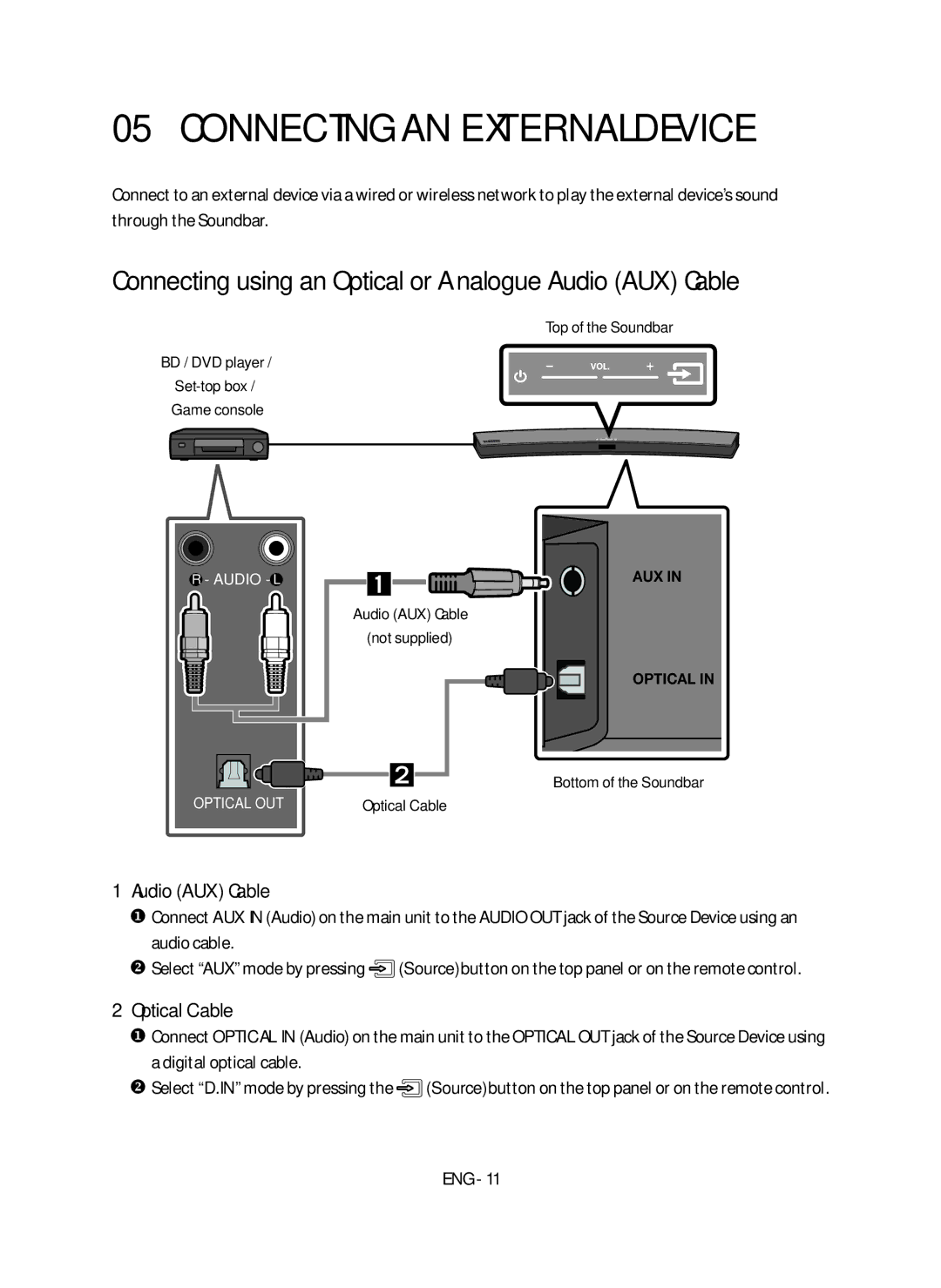 Samsung HW-M4500/EN Connecting an External Device, Connecting using an Optical or Analogue Audio AUX Cable, Optical Cable 