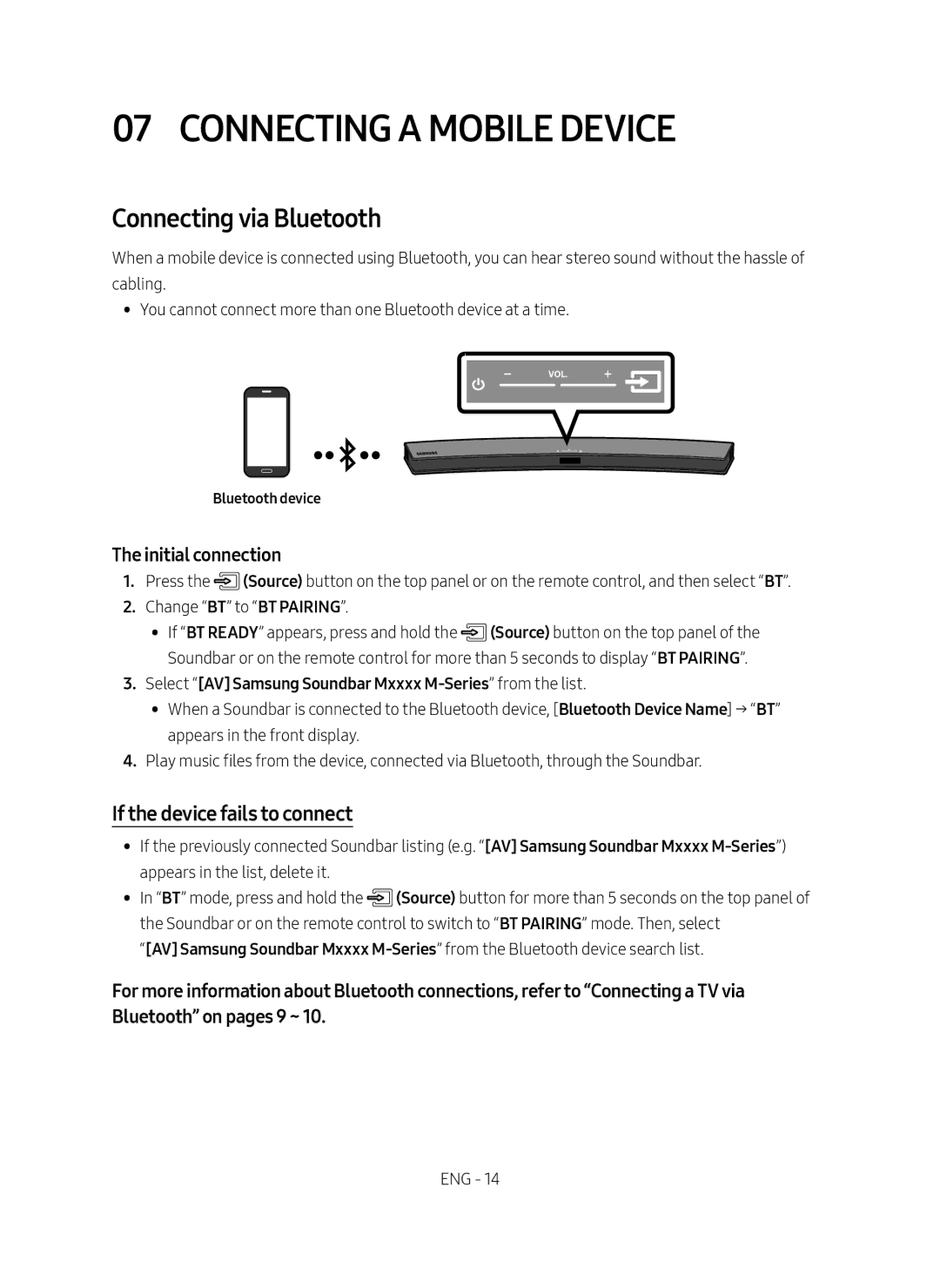 Samsung HW-M4500/EN Connecting a Mobile Device, Connecting via Bluetooth, If the device fails to connect, Bluetooth device 