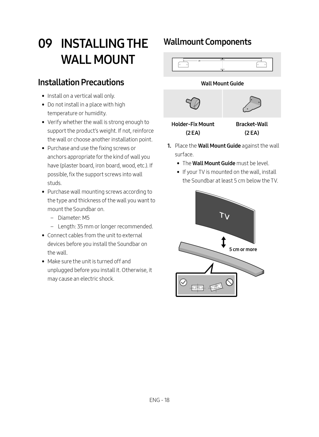 Samsung HW-M4500/EN manual Installing the Wall Mount, Wallmount Components, Installation Precautions, Wall Mount Guide 