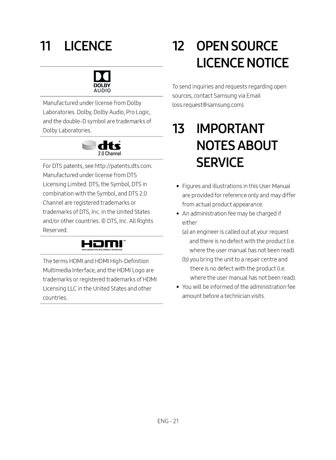 Samsung HW-M4500/EN manual Open Source Licence Notice, Important Notes About Service 