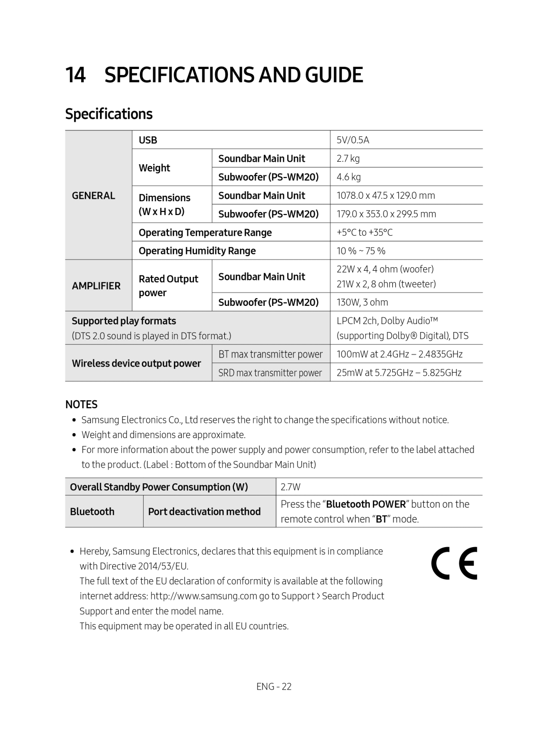 Samsung HW-M4500/EN manual Specifications and Guide 