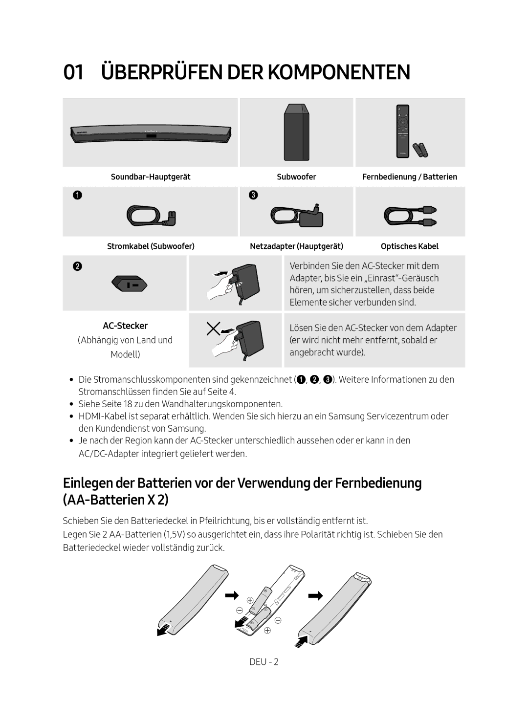 Samsung HW-M4500/EN manual 01 Überprüfen der Komponenten, Soundbar-Hauptgerät Subwoofer, AC-Stecker 